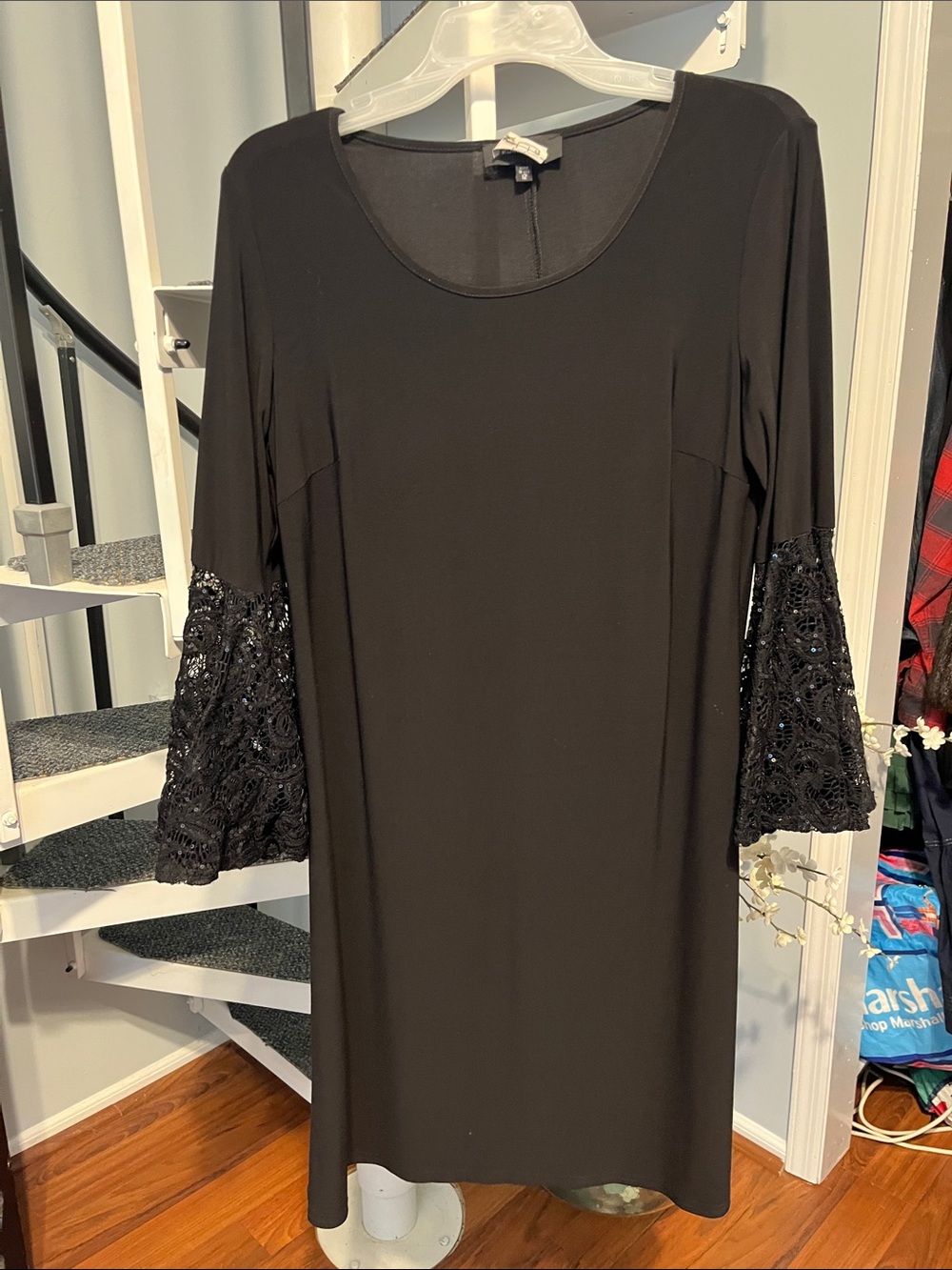 R&M Richard’s Black Women's Dress with Lace and Sequined Bell Sleeves size 12